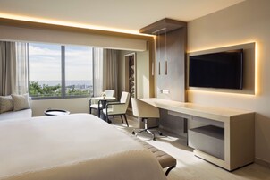 A hotel room with a large bed, a desk, a chair, a TV, and a view of the city.