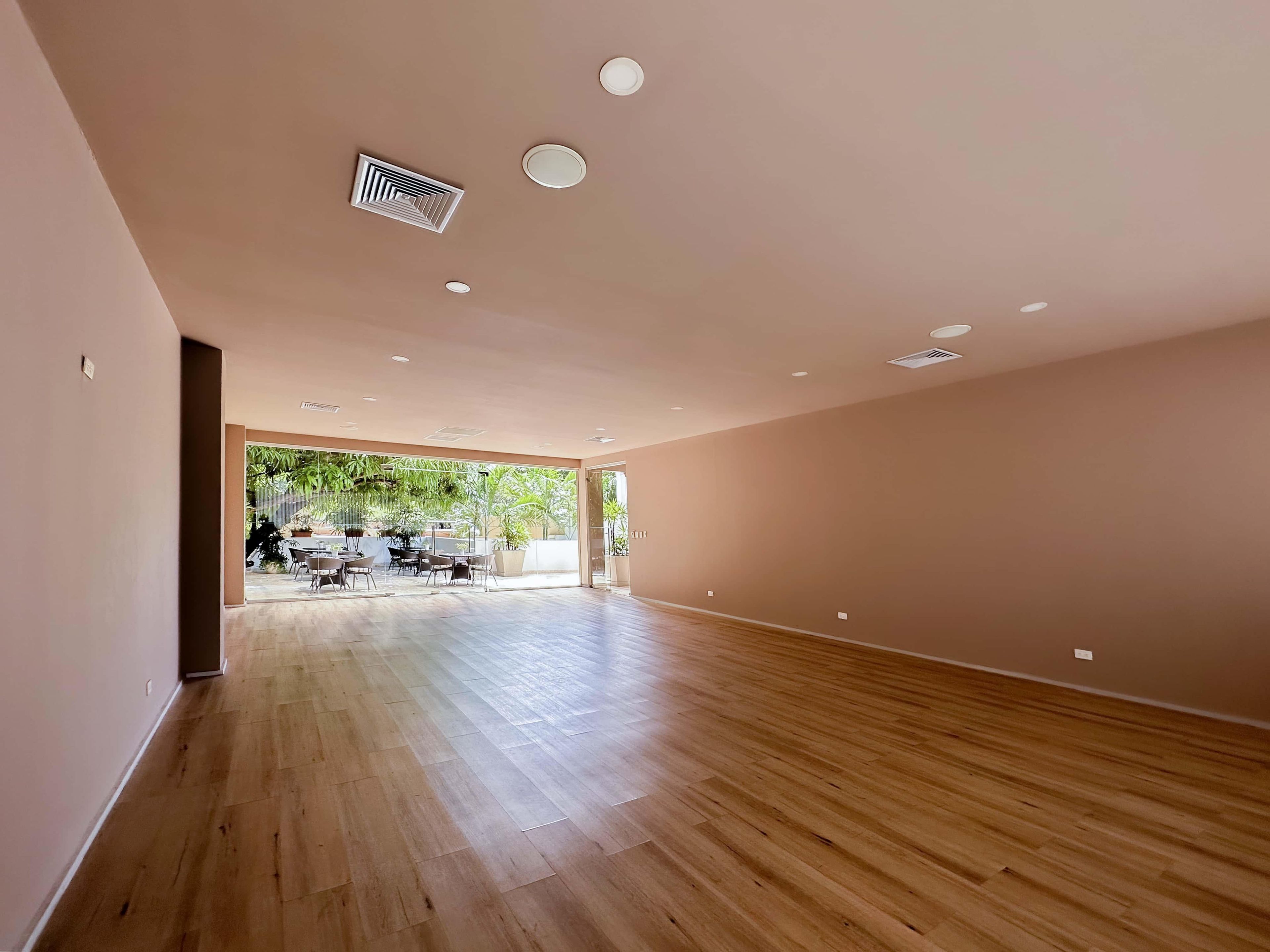 Una habitación amplia con piso de madera, una puerta de vidrio que da a un espacio exterior con plantas e iluminación empotrada en el techo.