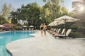 Outdoor pool, open 7:30 AM to 7:30 PM, pool umbrellas, sun loungers