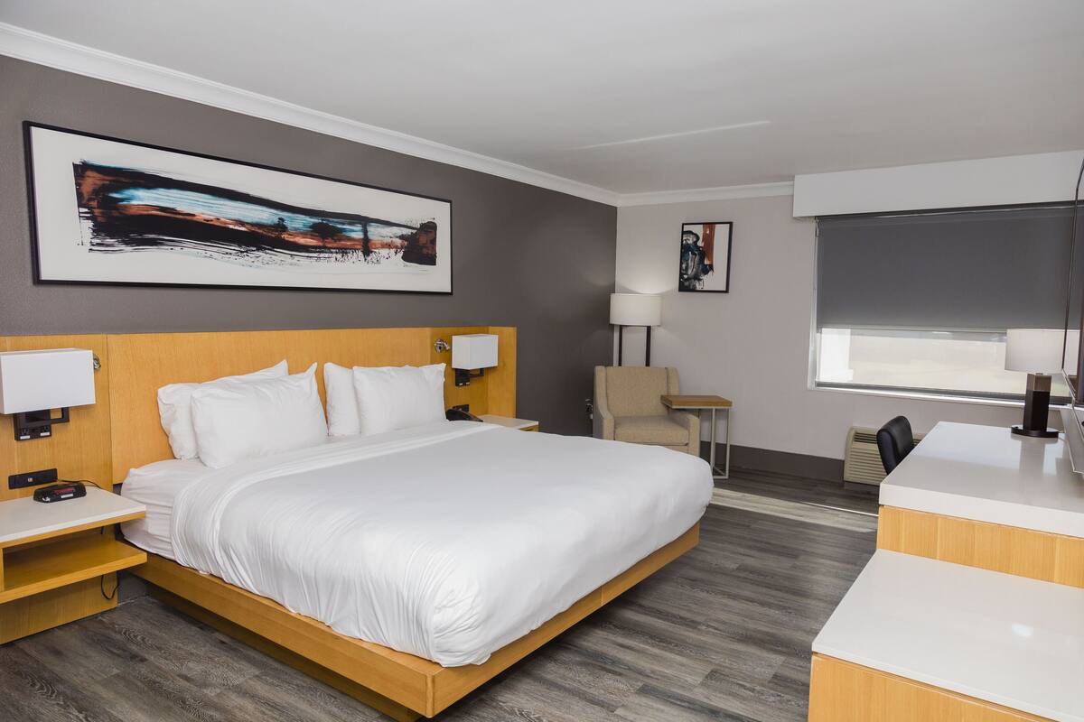 A hotel room with a large bed, a desk, a chair, and artwork on the walls.