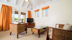Una habitación con mobiliario de mimbre, televisor y ventanas amplias con cortinas.