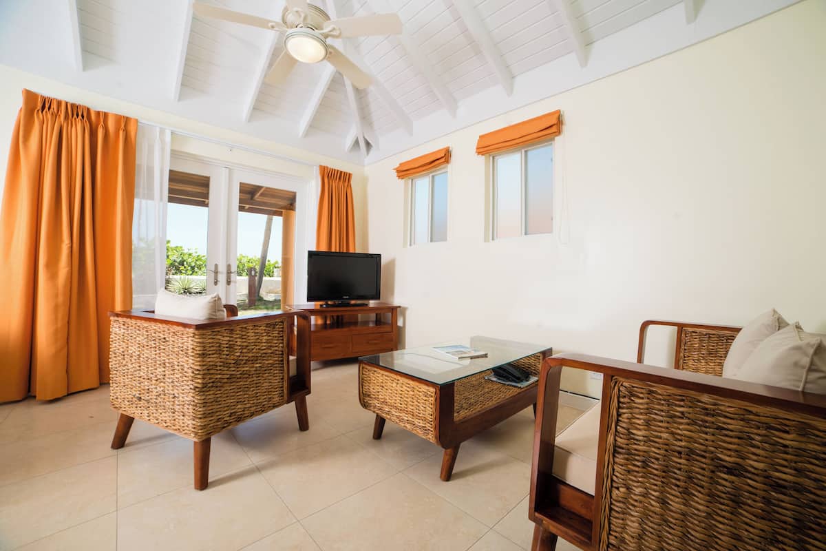 A room with wicker furniture, a television, and large windows with curtains.