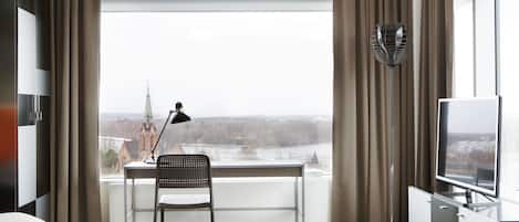 Desk, laptop workspace, blackout curtains, soundproofing