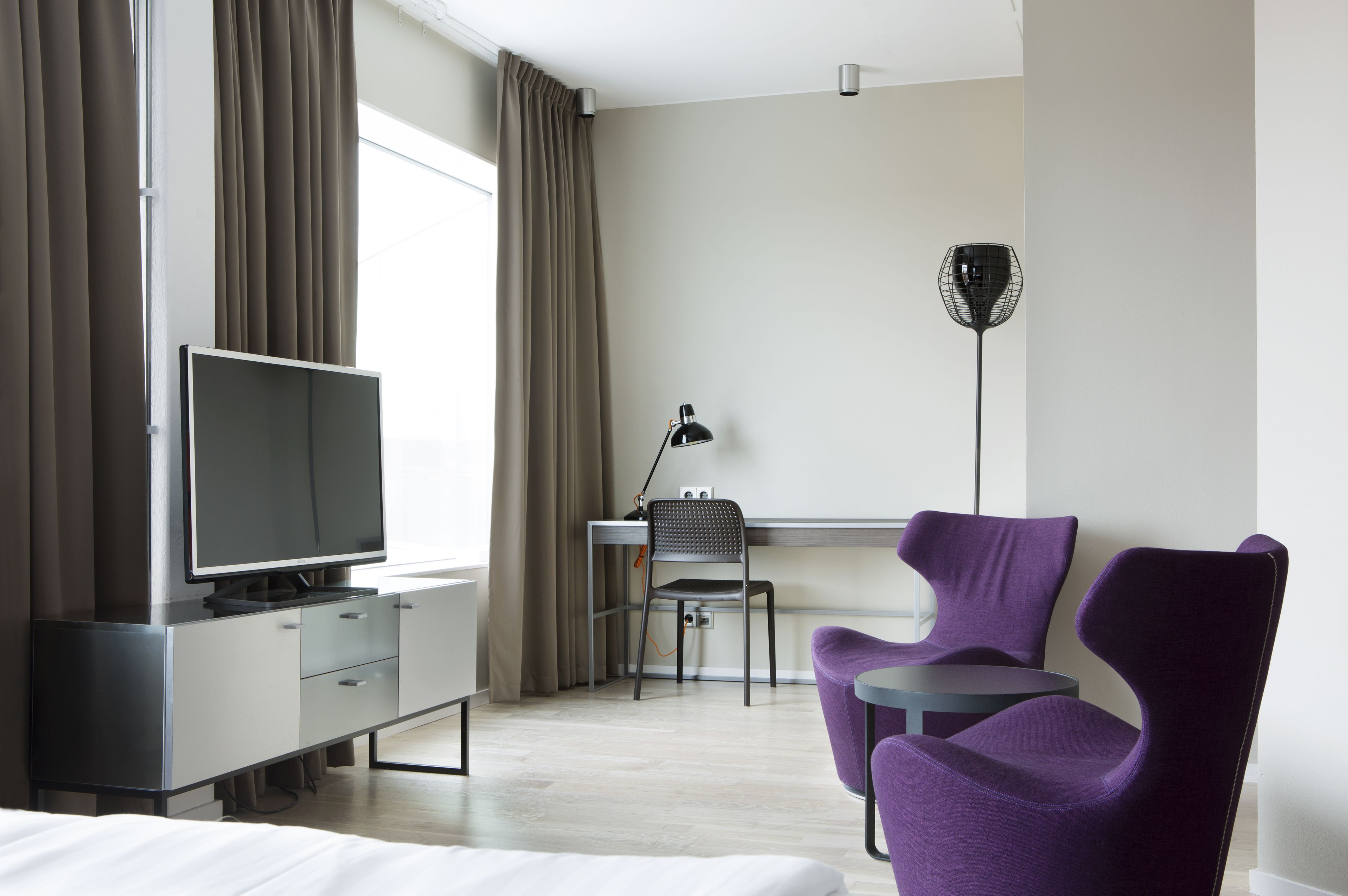 desk, laptop workspace, blackout curtains, soundproofing