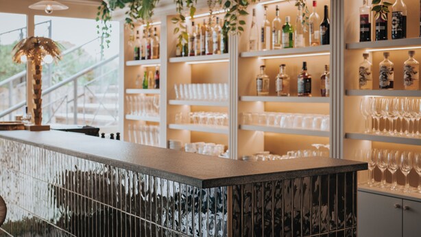 A bar area with shelves of liquor bottles and glasses, a wooden counter, and hanging plants.