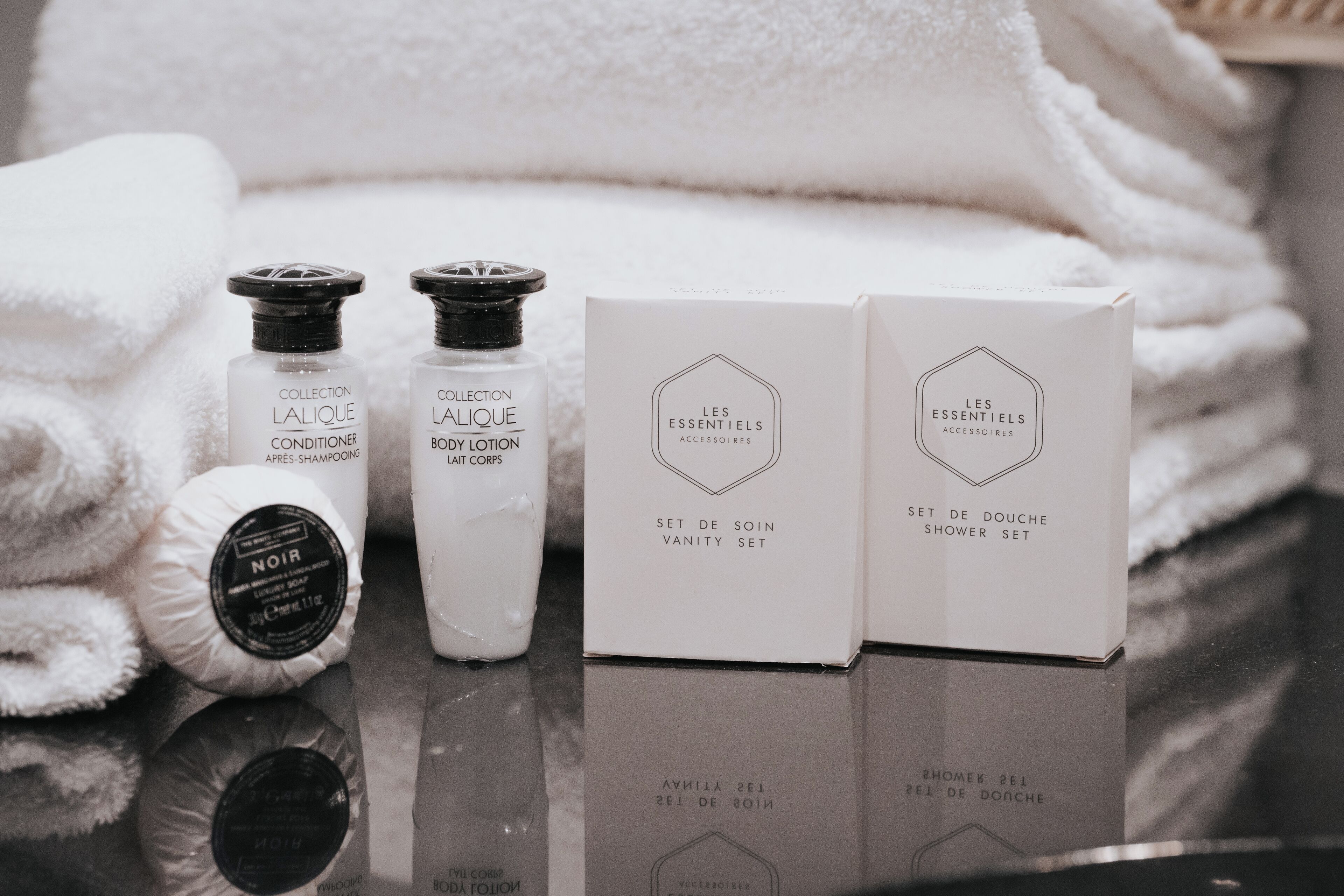 free toiletries, hair dryer, towels