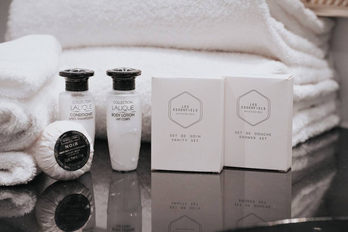 free toiletries, hair dryer, towels