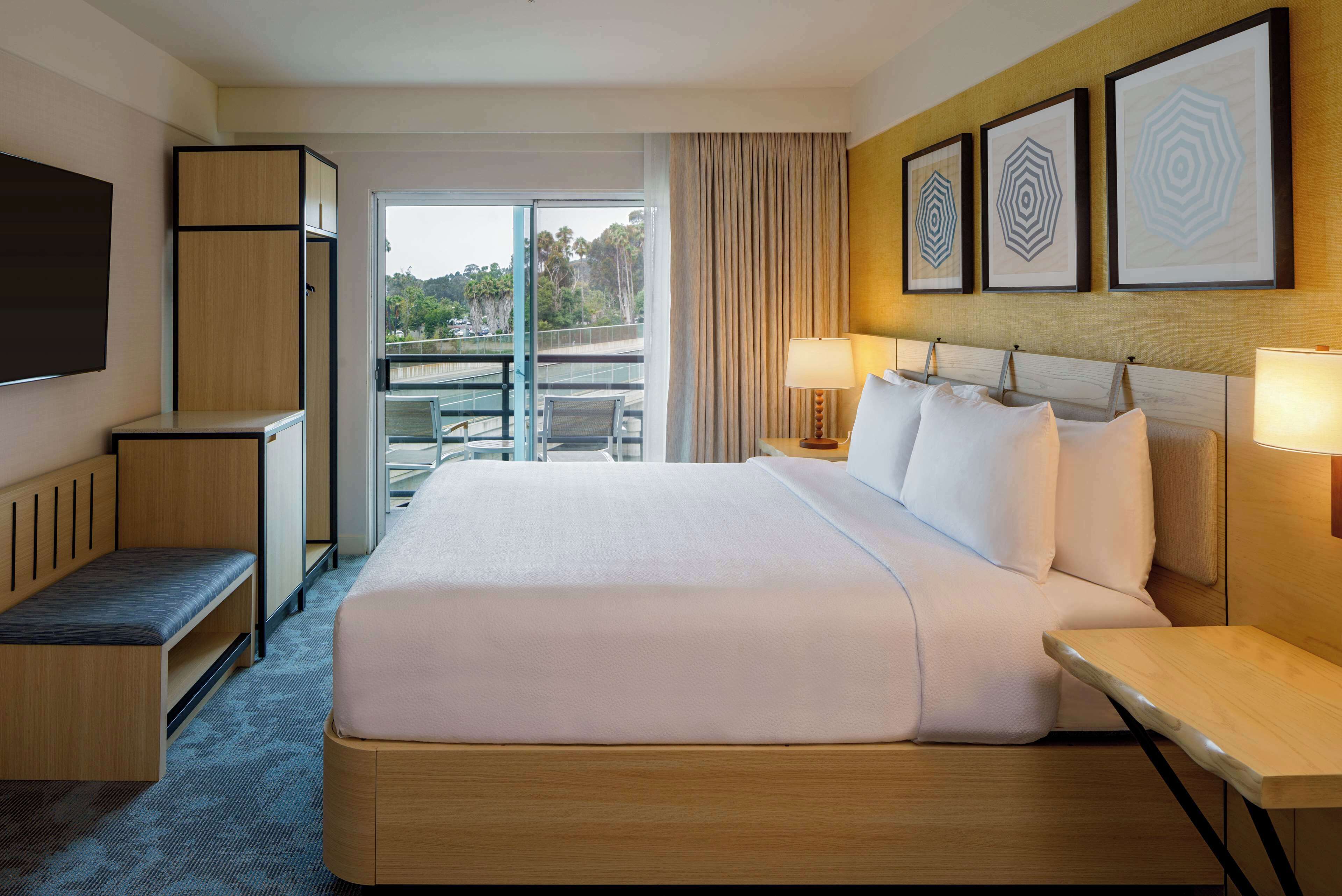 Habitación de hotel con una cama grande, un escritorio, una silla, televisión y balcón con vista a árboles.