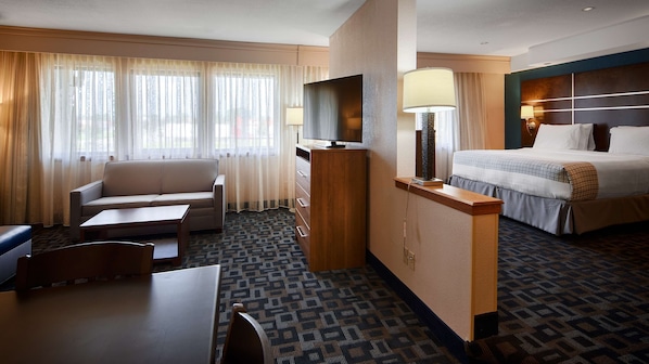Una habitación de hotel con sofá, escritorio, cama y televisor.