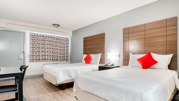 A hotel room with two beds, a desk, and a window with patterned curtains. - Dallas Love Field Inn (Dallas)