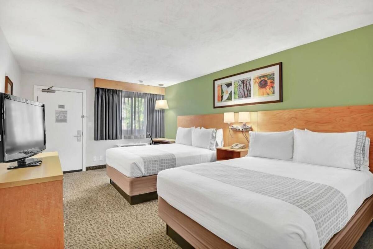 Ett hotellrum med två sängar, en TV, ett skrivbord och ett fönster med gardiner.