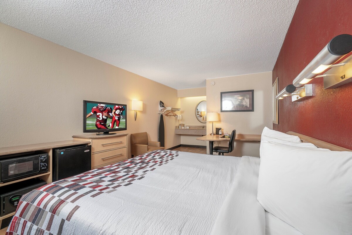 A hotel room with a bed, a television, a desk, a chair, a microwave, and a small refrigerator.