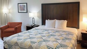 Habitación de hotel con una cama grande, una silla, una mesita de noche y un cuadro colgado en la pared.