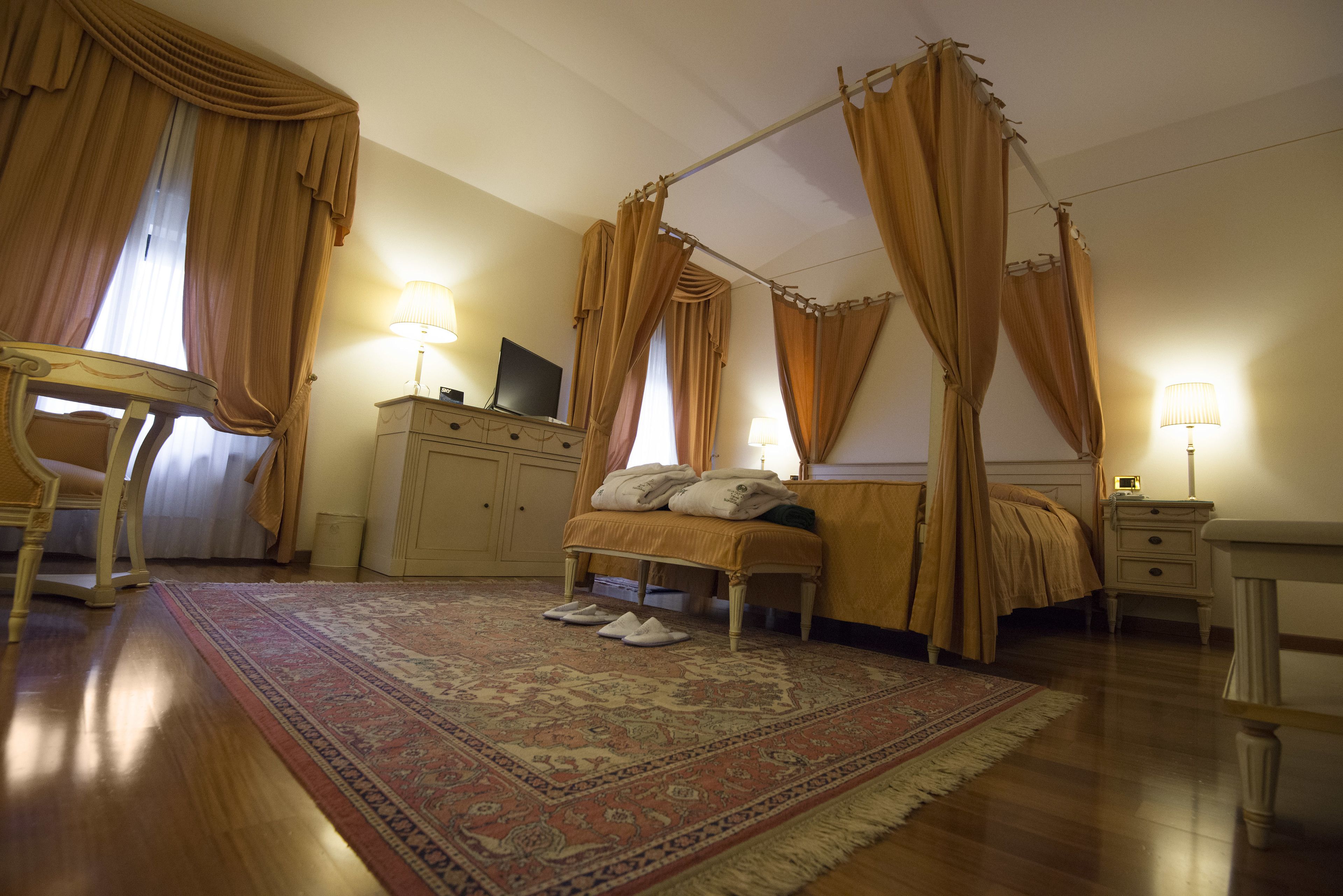 Un dormitorio con una cama con dosel, una mesita de noche, una silla, un televisor sobre un mueble bajo y una alfombra grande con estampado.