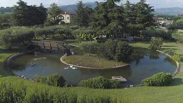 Ein Park mit Teich, Schwänen, einer Brücke und umgebender Bepflanzung.