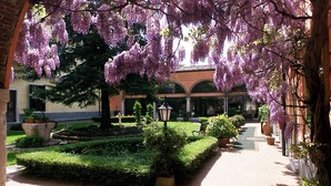 A courtyard with a brick pathway, a central garden area, and purple flowering trees.