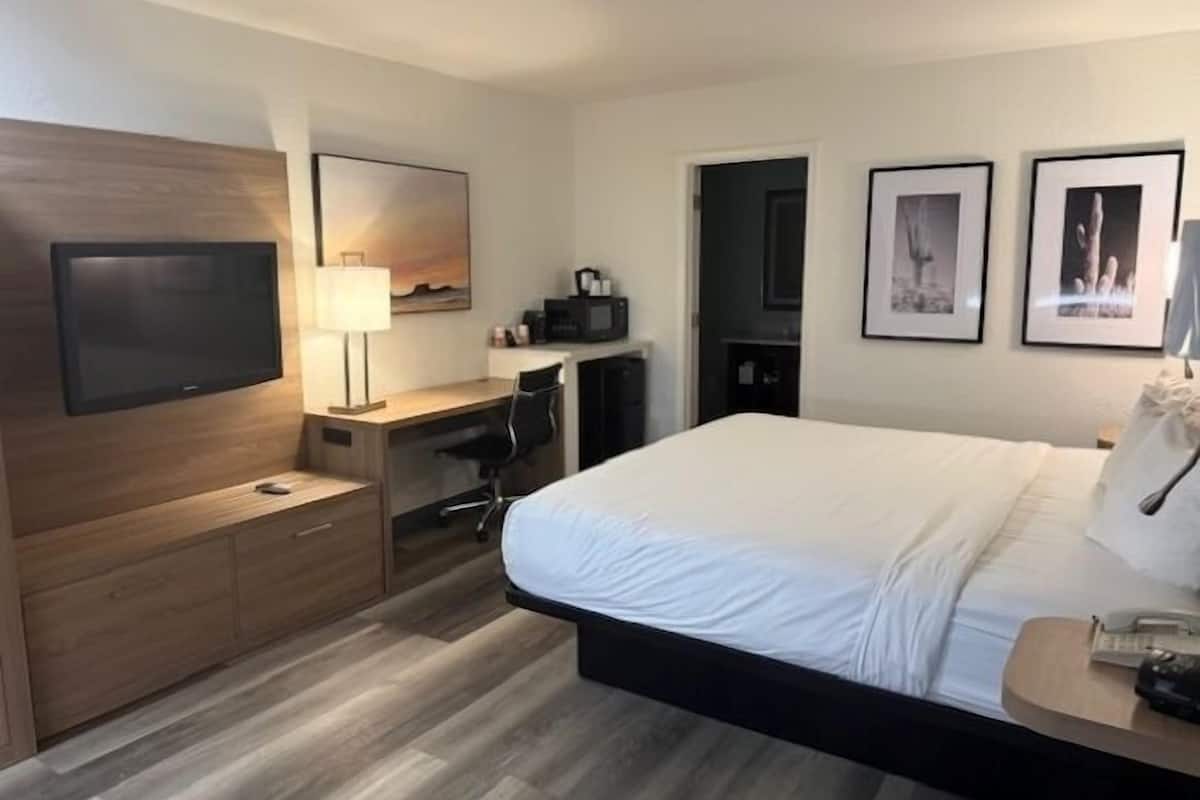Habitación de hotel con cama, escritorio, silla, televisor y obras de arte en las paredes.