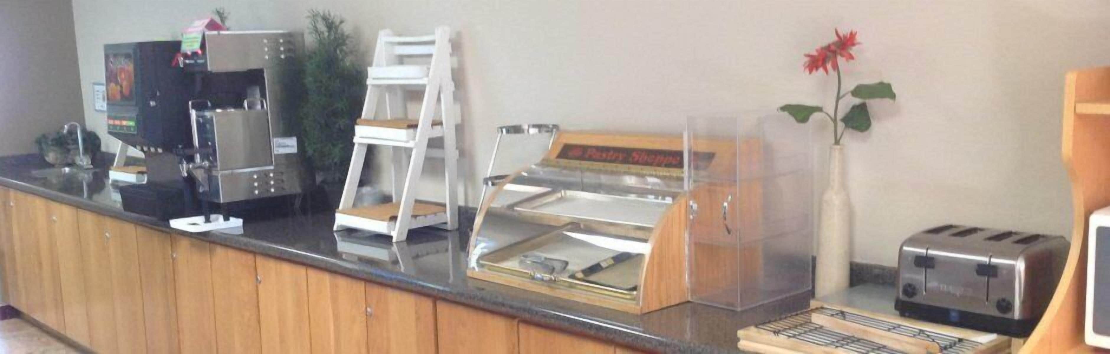 Un comptoir de cuisine avec une machine à café, une chaise blanche, une vitrine, un grille-pain et une plante en pot.