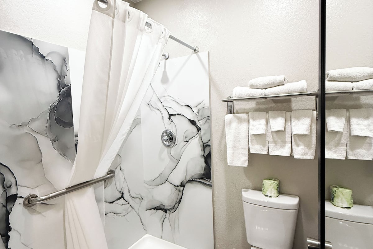 combined shower/bathtub, eco-friendly toiletries, hair dryer, towels