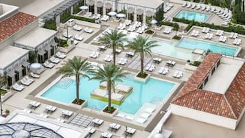 4 piscine all'aperto, cabanas (a pagamento), lettini