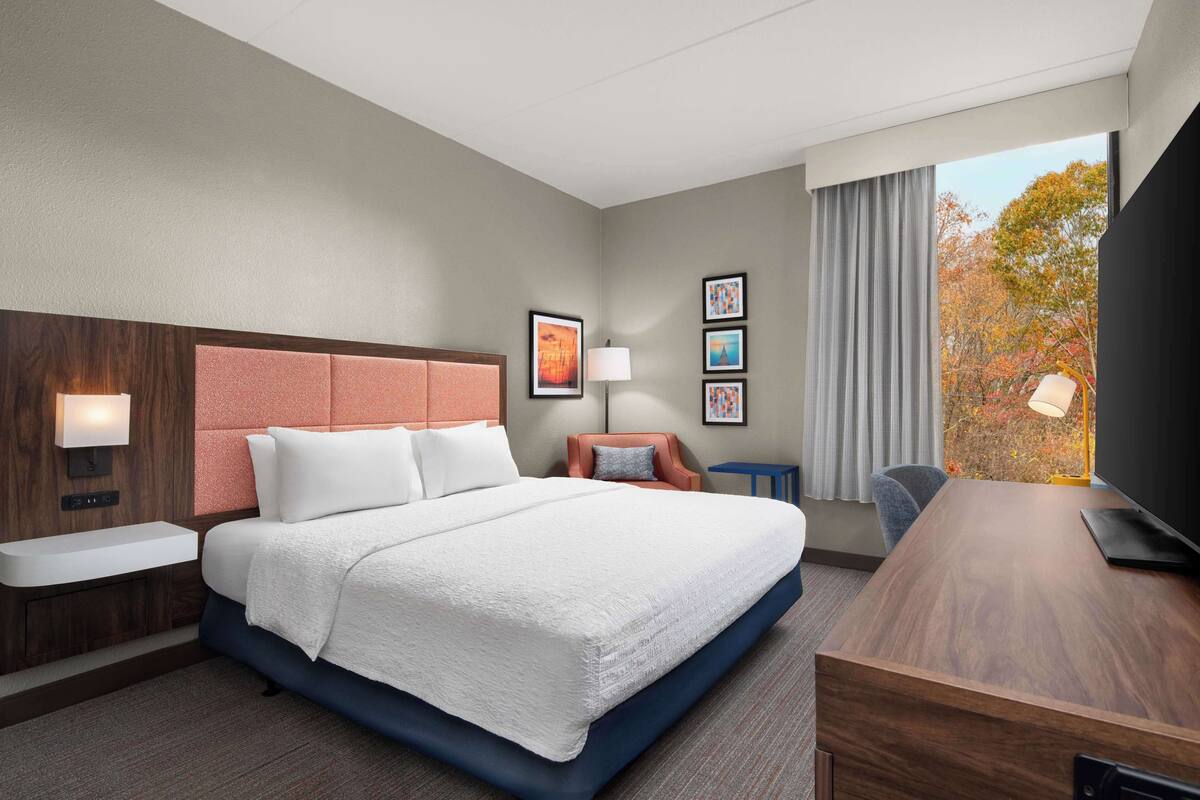 A modern hotel room with a large bed, a desk, a chair, a TV, and a window with a view of autumn trees.