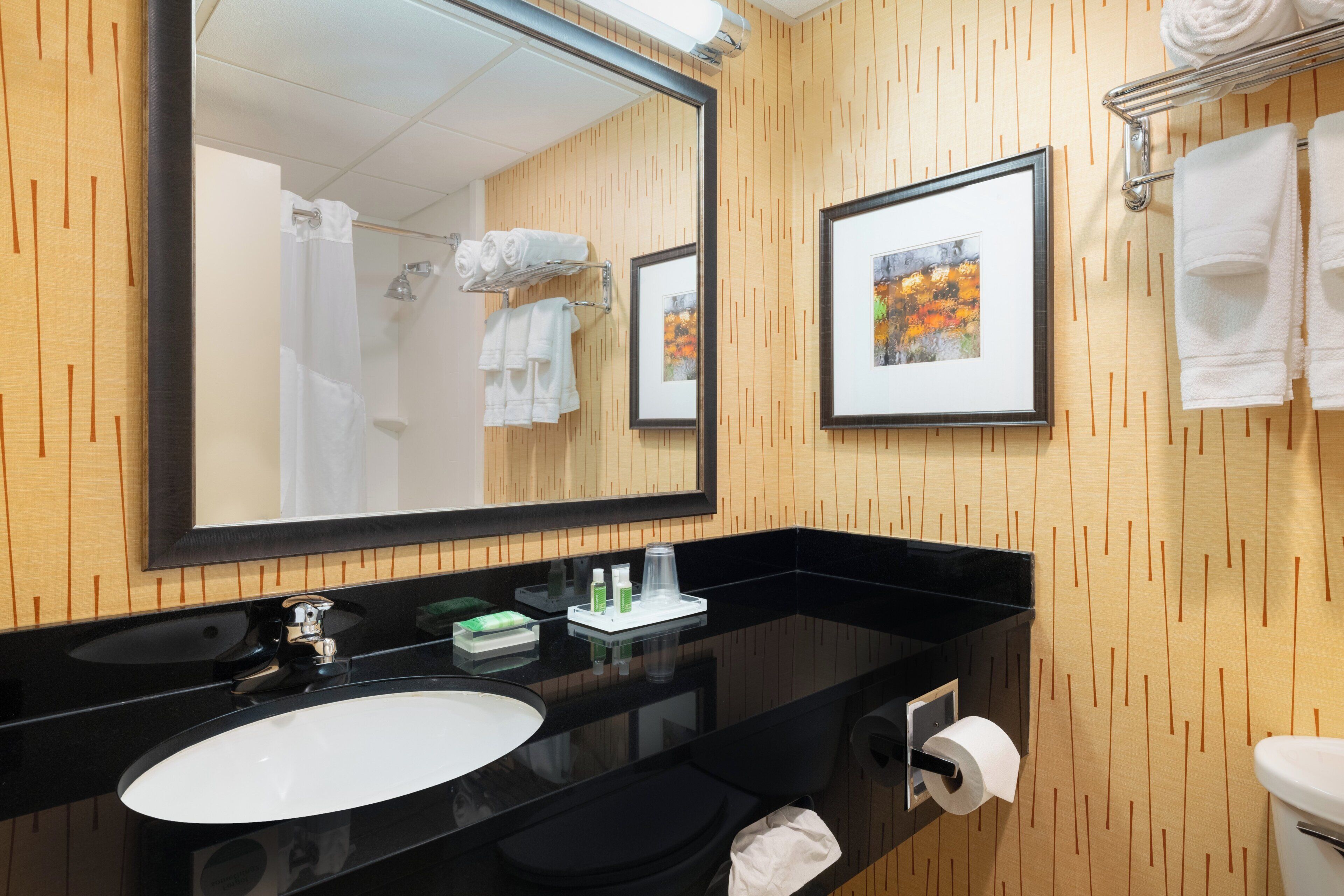 Un baño con un espejo grande, un lavamanos negro, un inodoro y un perchero para toallas.