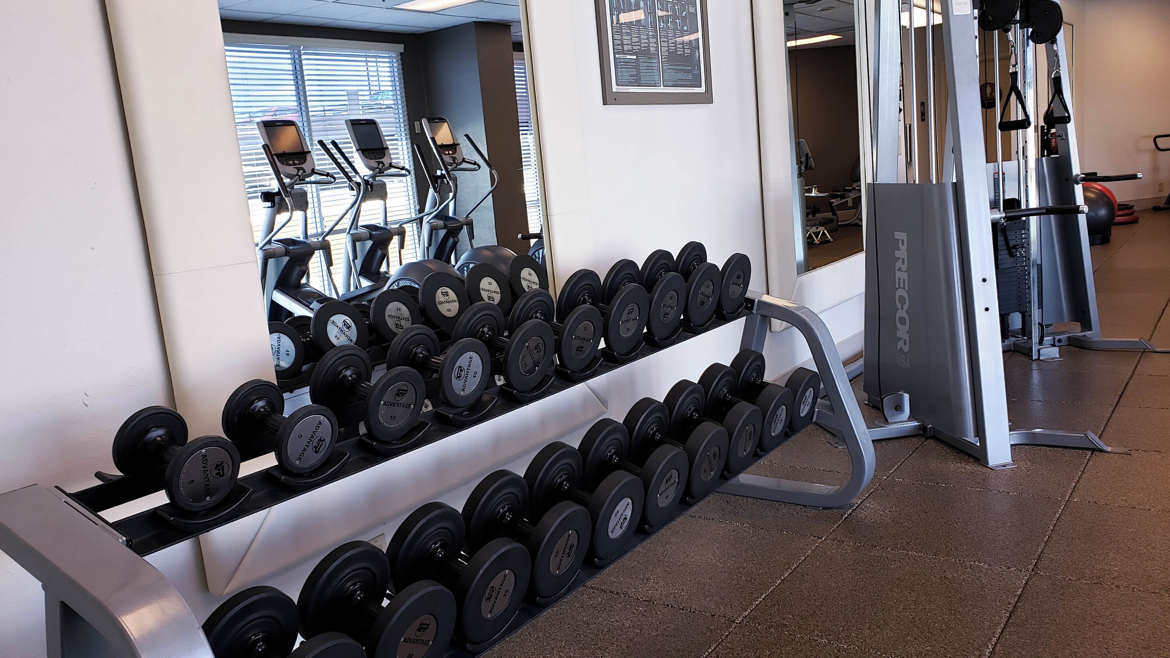 Un gimnasio con un estante de mancuernas, una cinta de correr y una máquina de pesas.