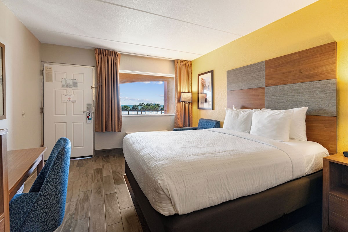 Hotelkamer met een groot bed, een bureau, een stoel, een raam met gordijnen en uitzicht op de omgeving.
