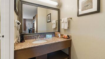 A bathroom with a large mirror, a sink, a hairdryer, and a framed picture on the wall.