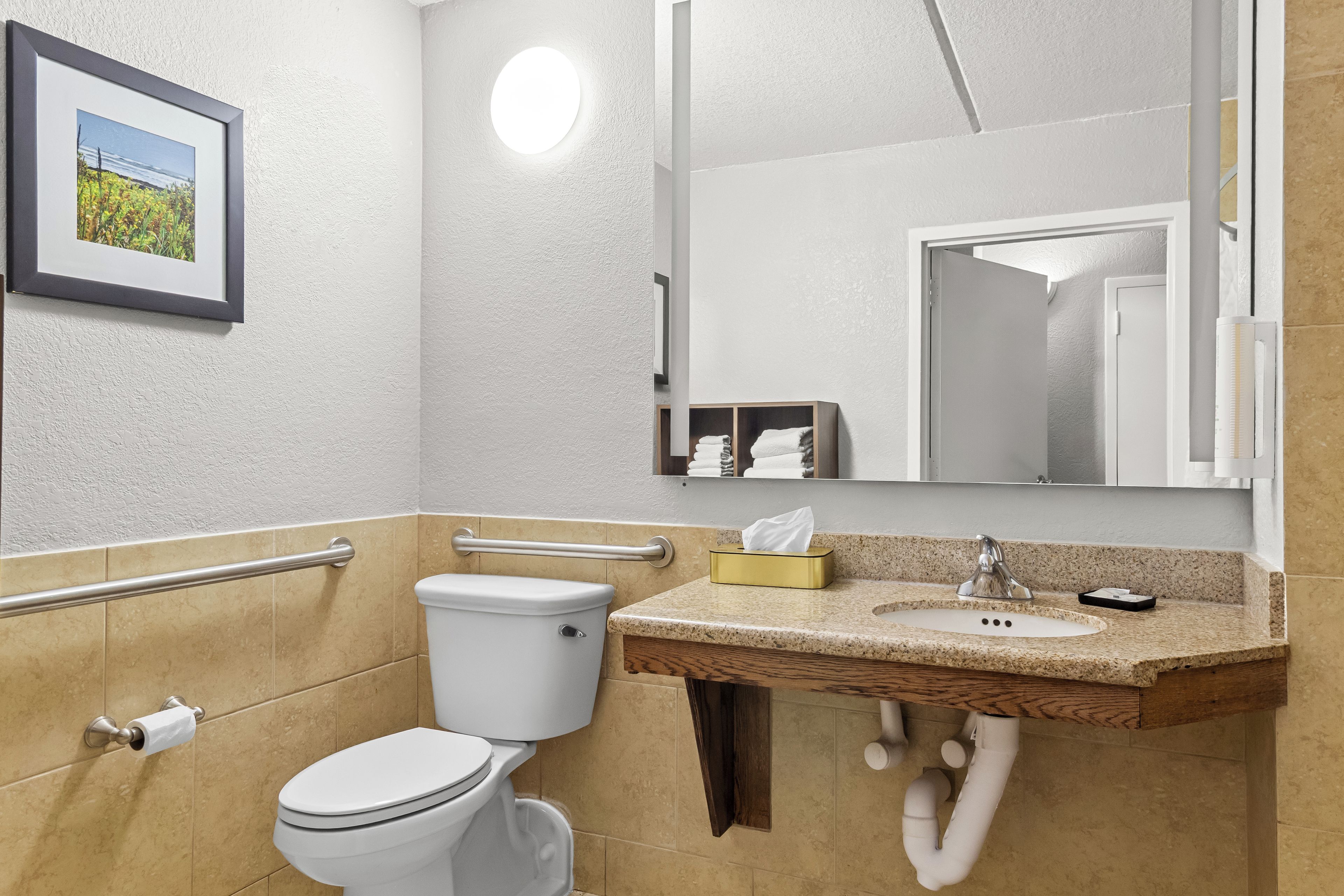 Un bagno moderno con servizi igienici, lavandino e specchio.