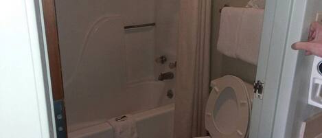 A bathroom with a bathtub, toilet, and a shower curtain.