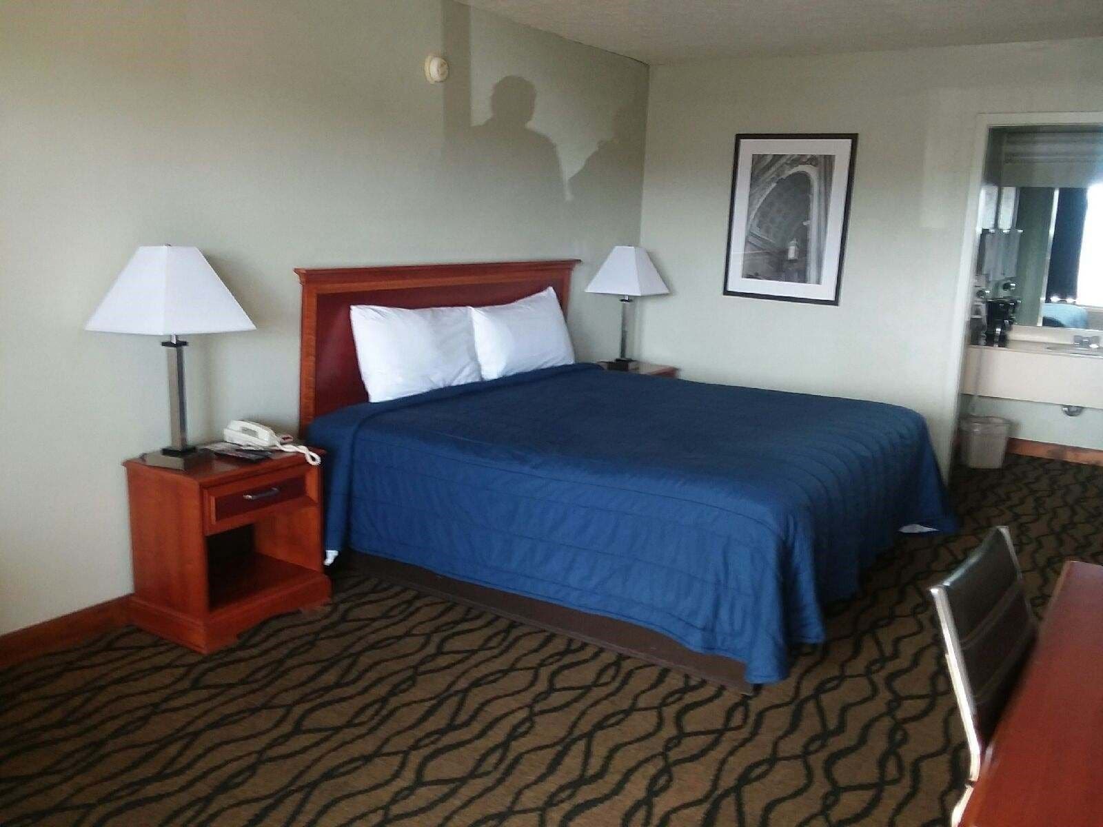 Habitación de hotel con cama, dos lámparas de noche, una mesita de noche, teléfono, cuadro en la pared, espejo y alfombra estampada.