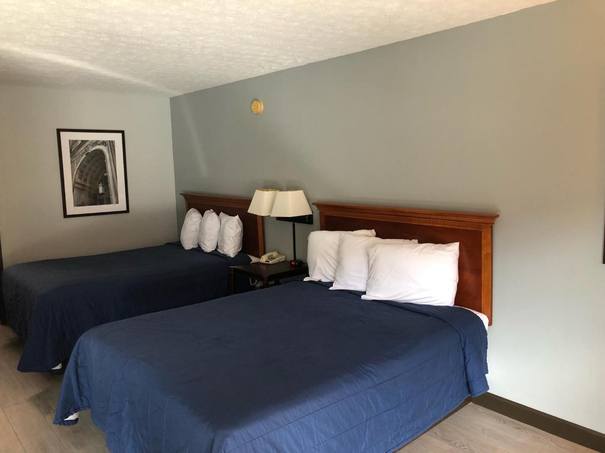 A hotel room with two beds, a nightstand with a lamp, and a framed picture on the wall.