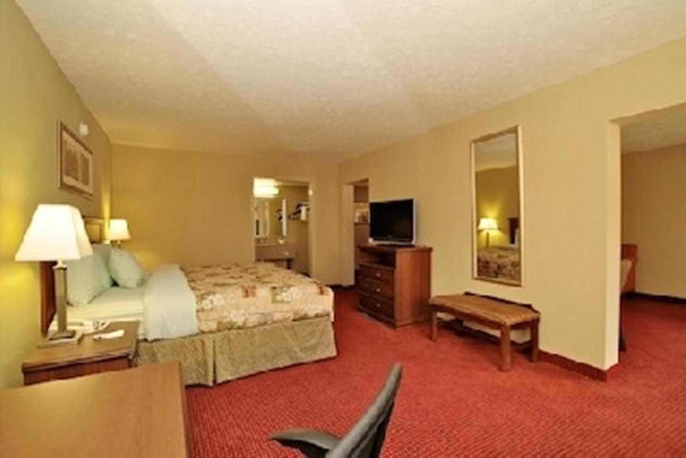 Habitación de hotel con cama, televisión, escritorio, silla, cómoda y espejo.