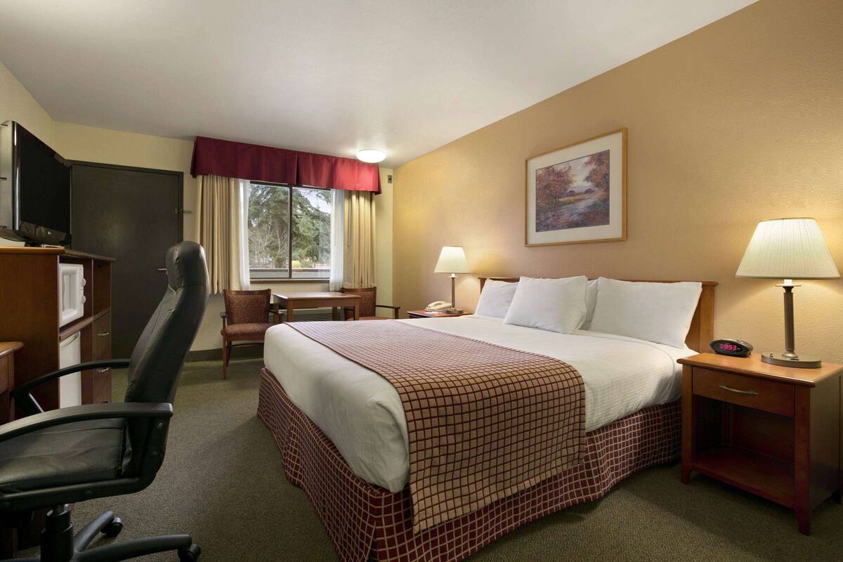 Een hotelkamer met een bed, een bureau, een stoel, een televisie en een raam met gordijnen.
