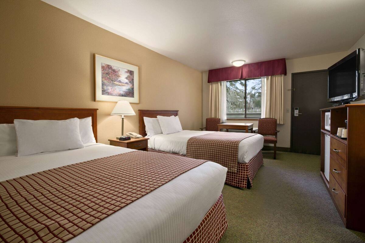 Een hotelkamer met twee bedden, een bureau, een stoel, een televisie en een raam met gordijnen.