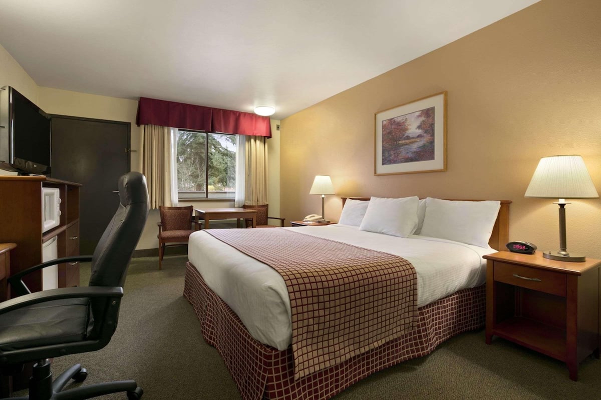 Een hotelkamer met een bed, een bureau, een stoel, een televisie en een raam met gordijnen.