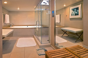 Combined shower/tub, designer toiletries, hair dryer, bathrobes at JW Marriott Washington DC