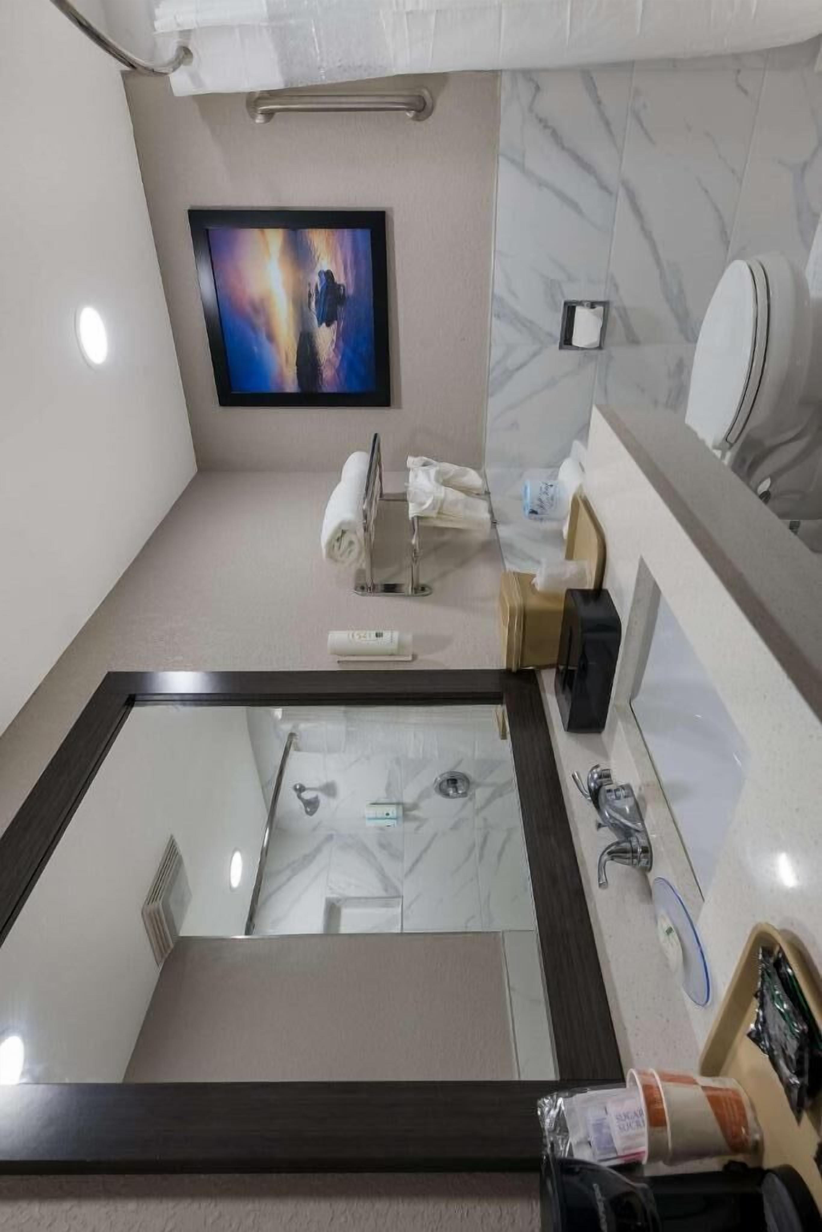 Un baño moderno con un espejo grande, inodoro, lavabo y zona de ducha.