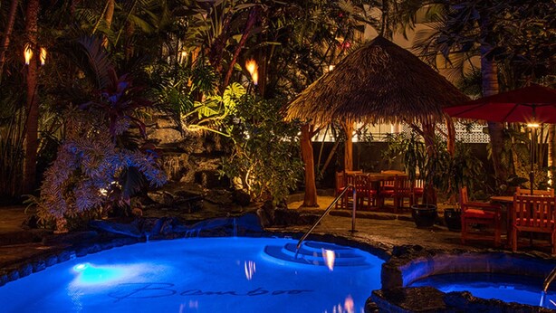 A pool area with a thatched-roof structure and wooden furniture. - Castle Bamboo Waikīkī Hotel (Honolulu)
