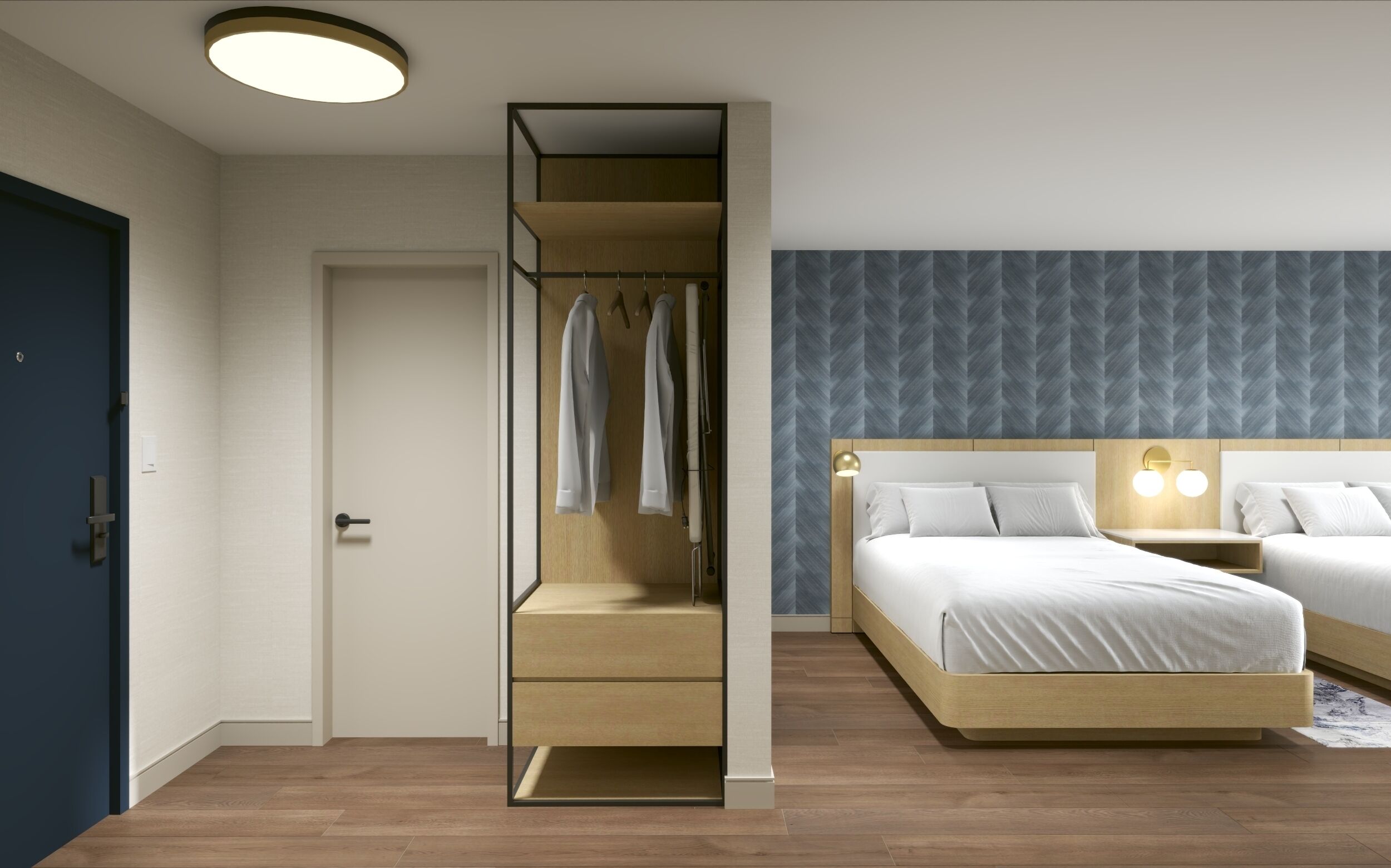 Une chambre moderne dotée d’une armoire intégrée, d’un lit avec un cadre en bois et d’un mur orné d’un motif.