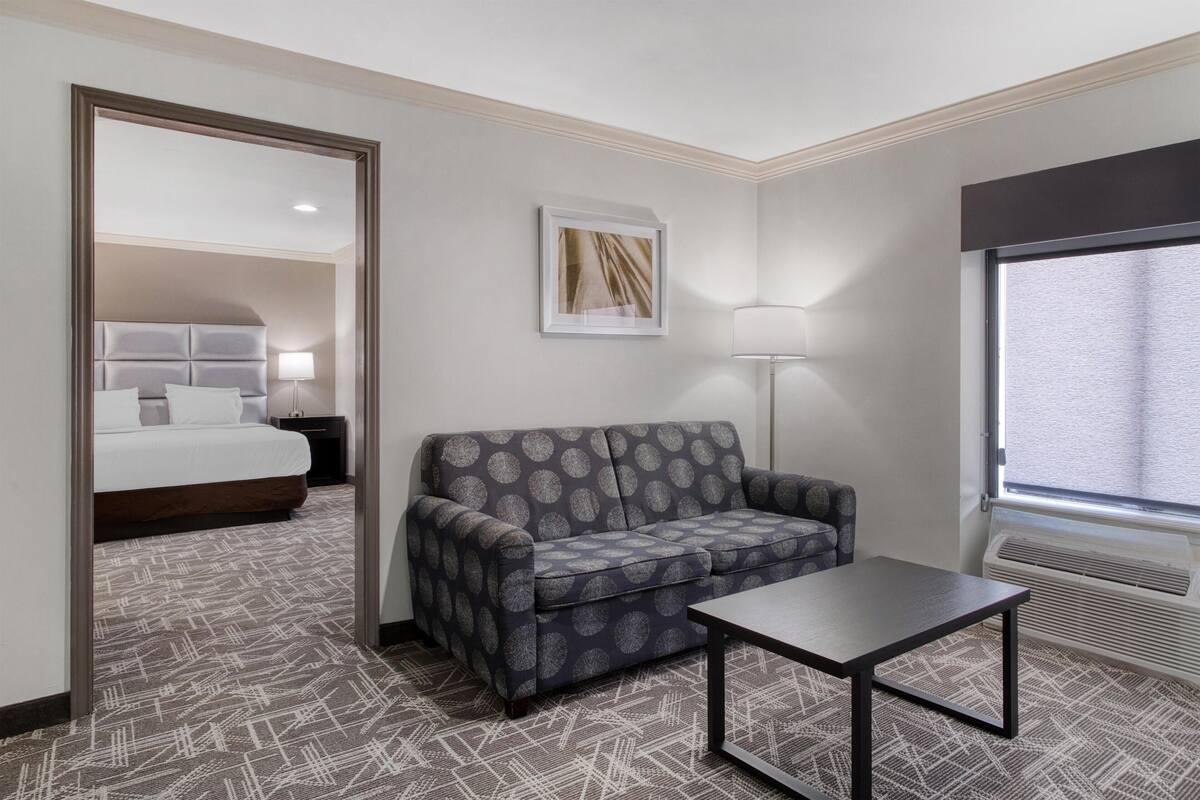 A hotel room with a grey patterned sofa, a small table, a bed with white bedding, a framed picture on the wall, a floor lamp, and a window with blinds.