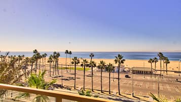A parking lot with palm trees and a beach in the background.