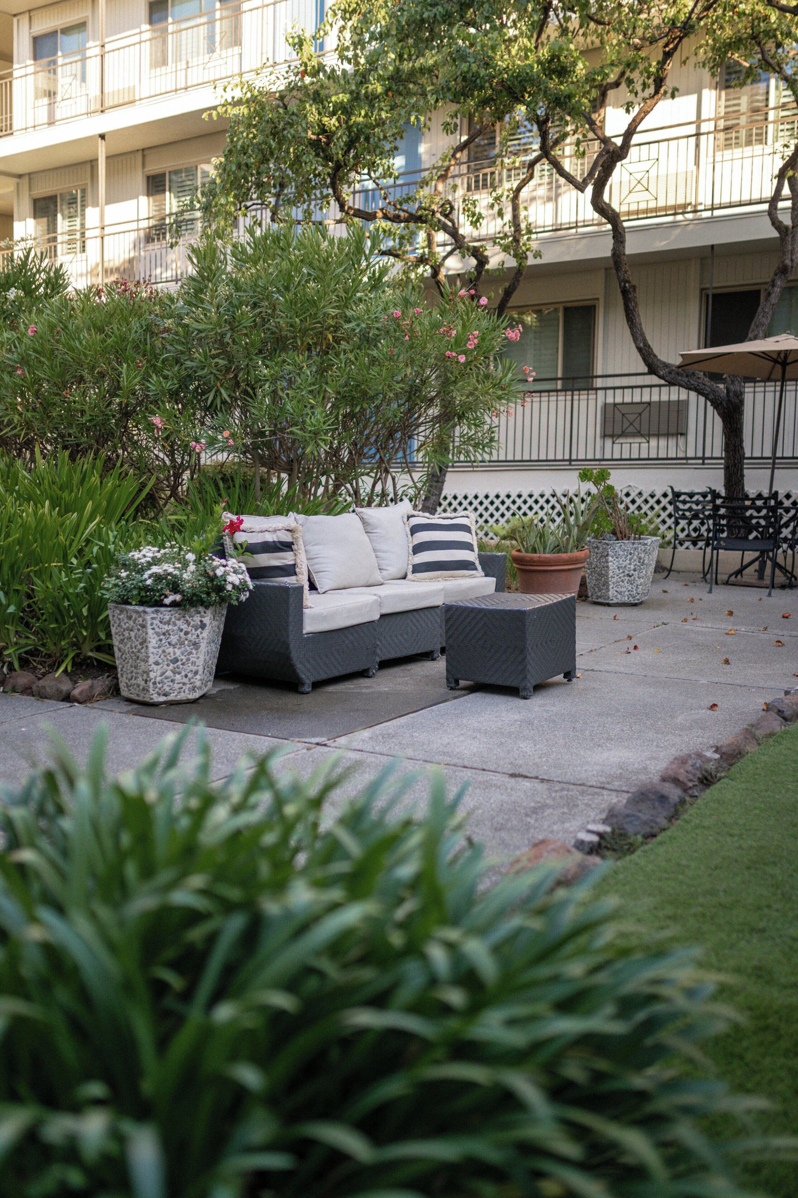 An outdoor seating area with a sofa and two square ottomans, surrounded by potted plants and a tree.