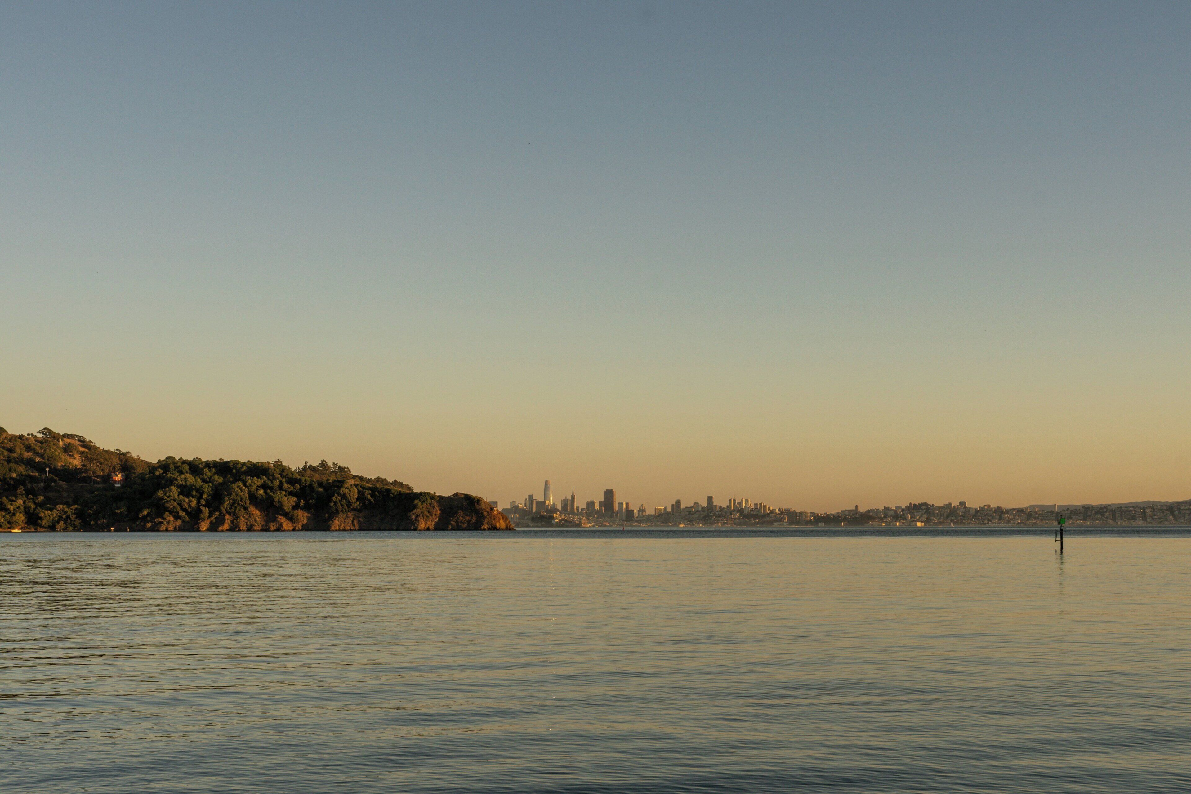 A calm body of water with a distant city skyline and a hill with trees.
