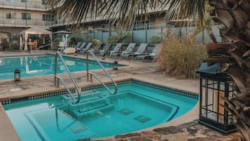 A swimming pool with a stone border, lounge chairs, and a palm tree.