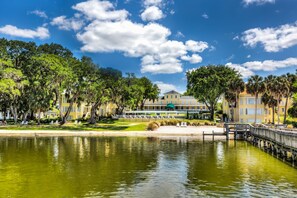 Overlooking a serene lake, this lakeside retreat features a green roof and a wooden bridge connecting to the building.