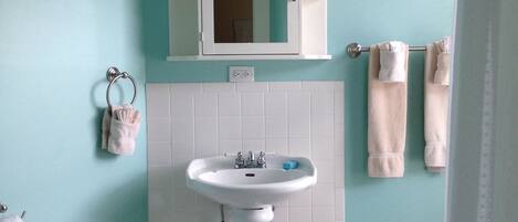 Une salle de bain avec un lavabo sur colonne blanc, un miroir au-dessus, et des toilettes à gauche.
