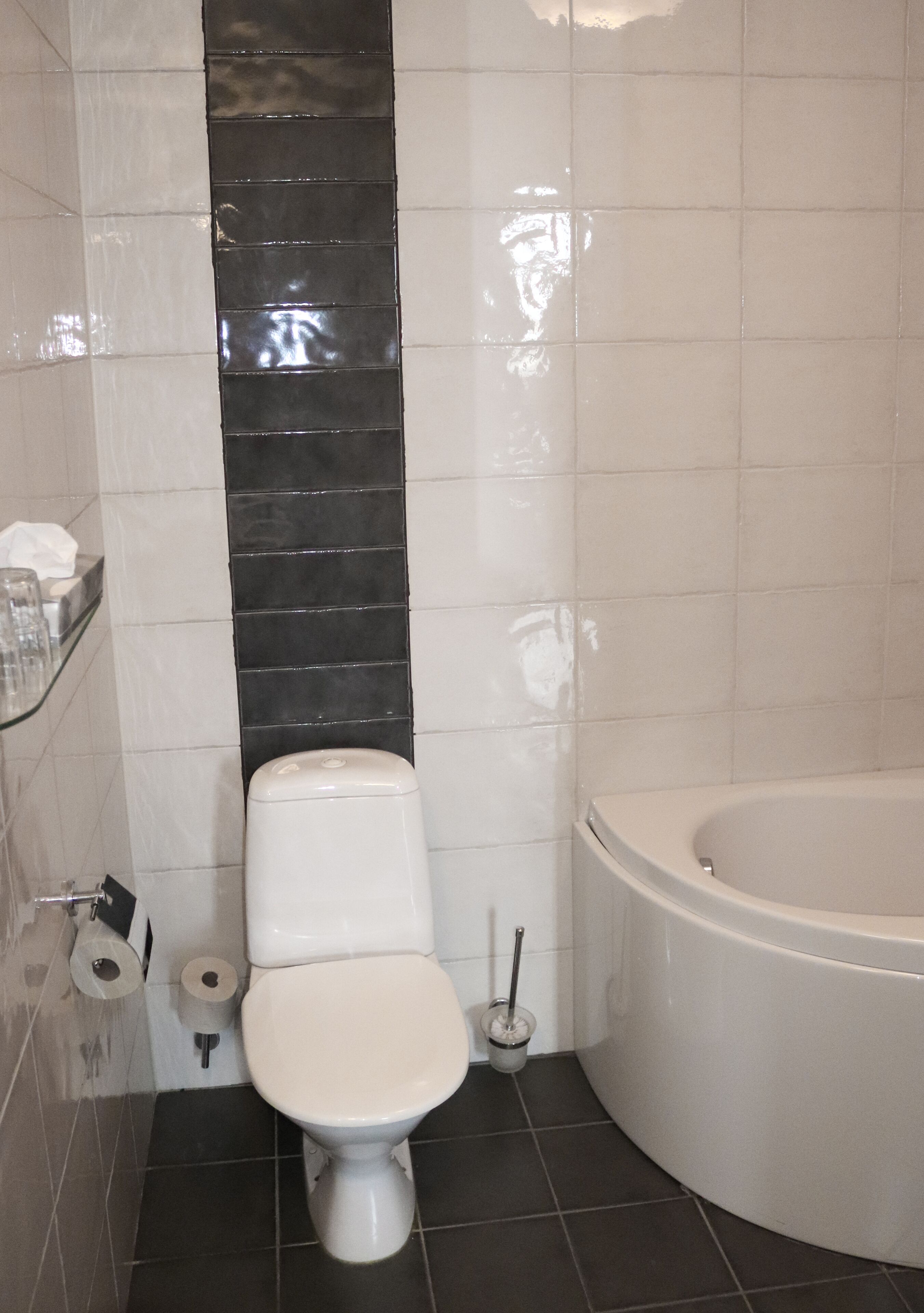 Un baño con inodoro, bañera y soporte para papel higiénico.