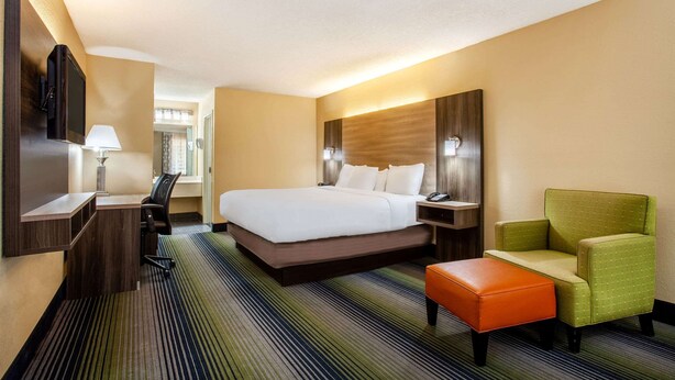 Una habitación de hotel con una cama, un escritorio, una silla, un televisor y una lámpara.
